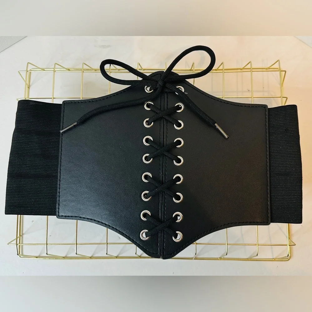 Black Corset Belt Vintage Inspired Lace-up Cinch Elastic Waist Belt Size XS/S